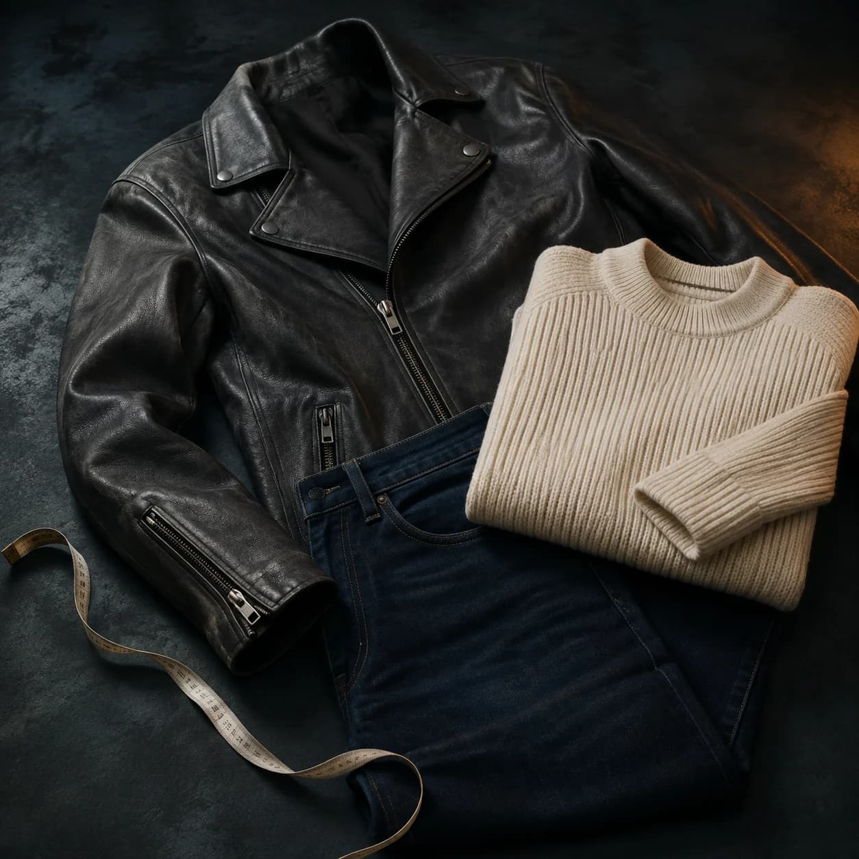 A leather jacket, ivory knitwear, denim and measuring tape arranged on a dark background